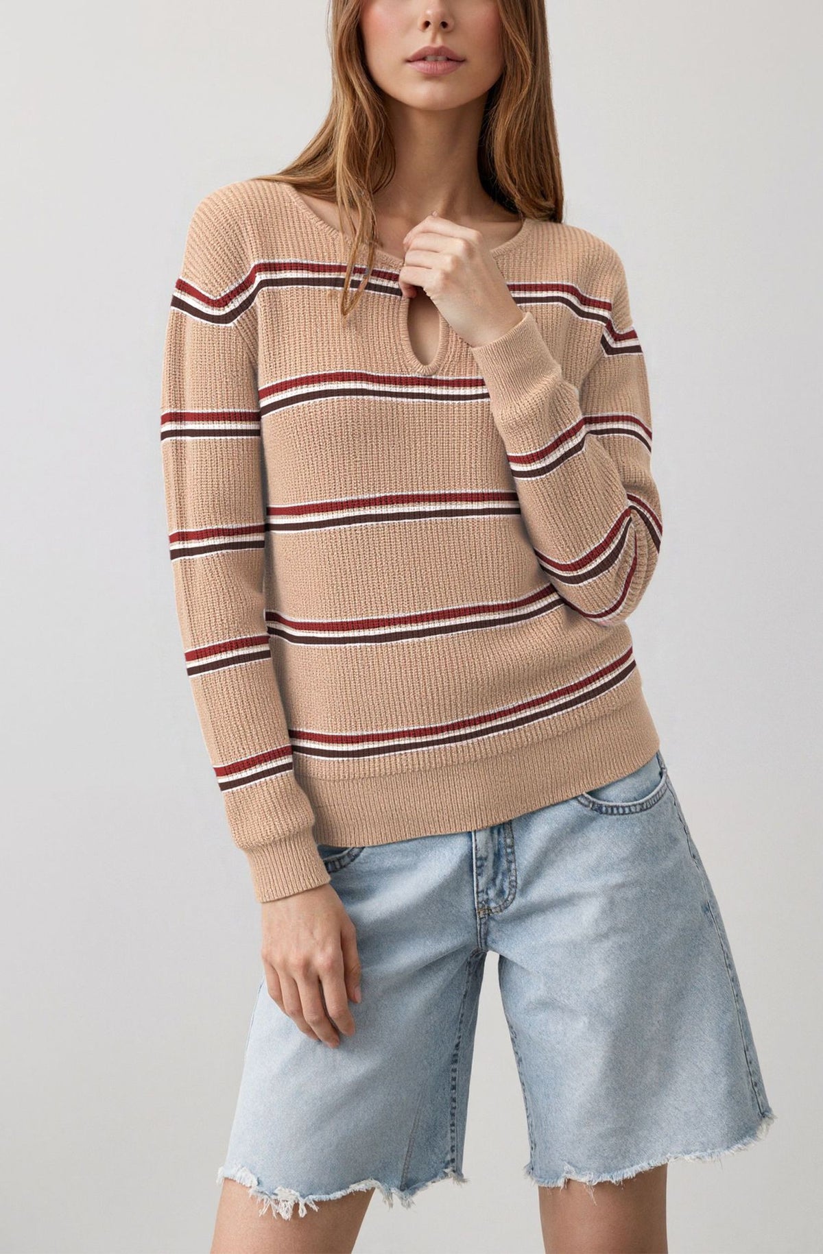 Women's Striped Keyhole Crew Neck Knit Sweater