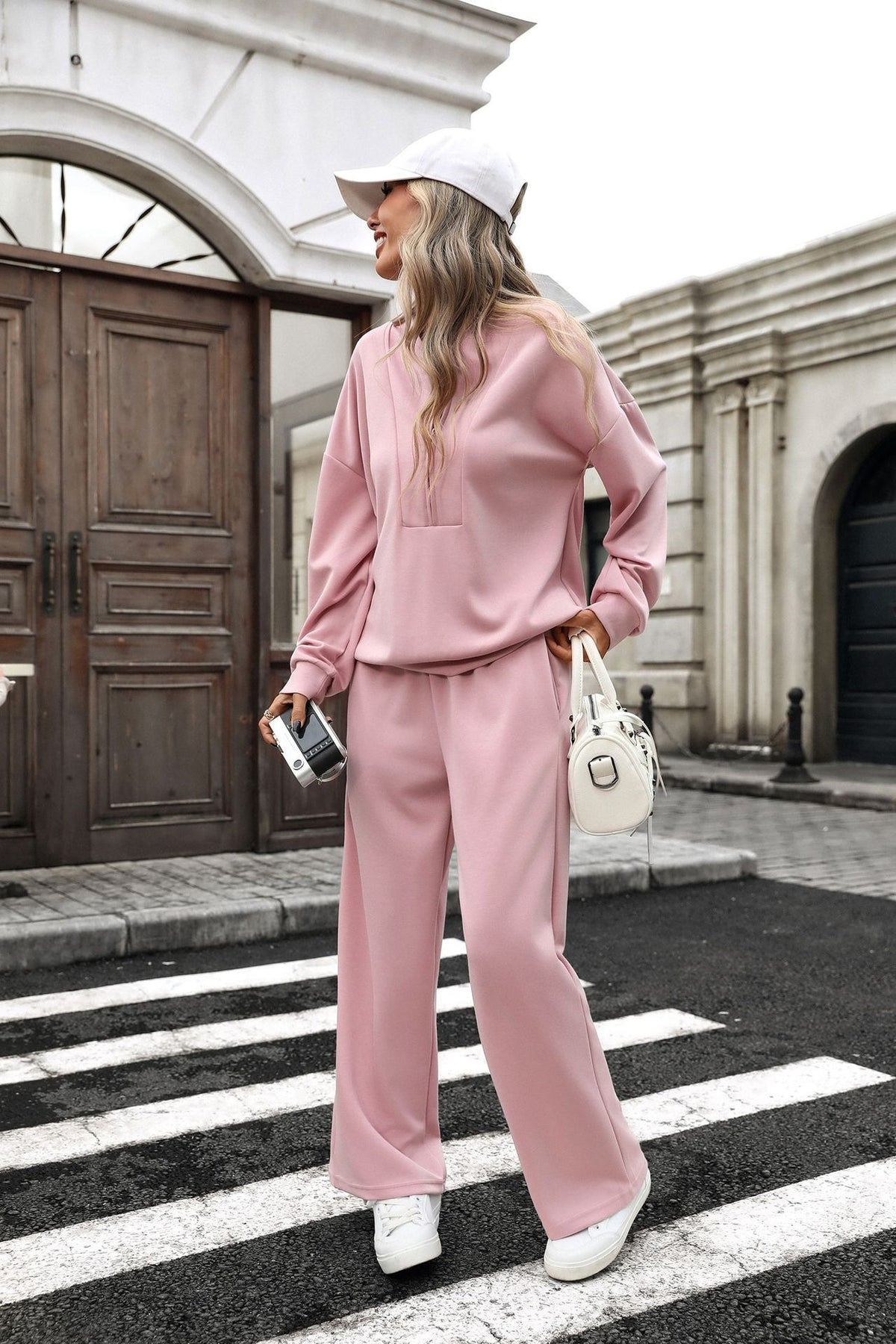 Women's Two Piece Quarter Zip Sweatshirt Wide Leg Pants Set