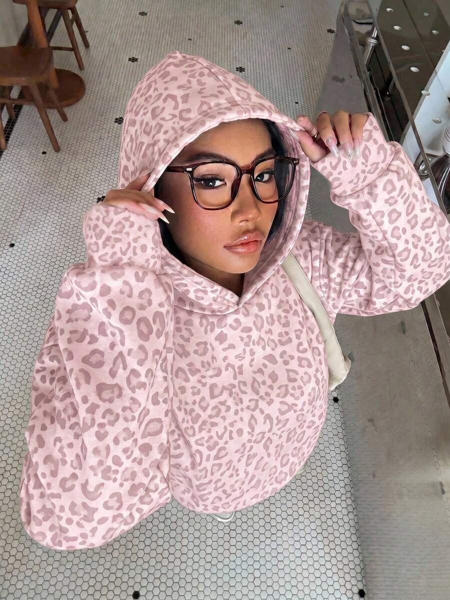 Leopard Hoodie Oversized Casual Pullover Sweatshirt