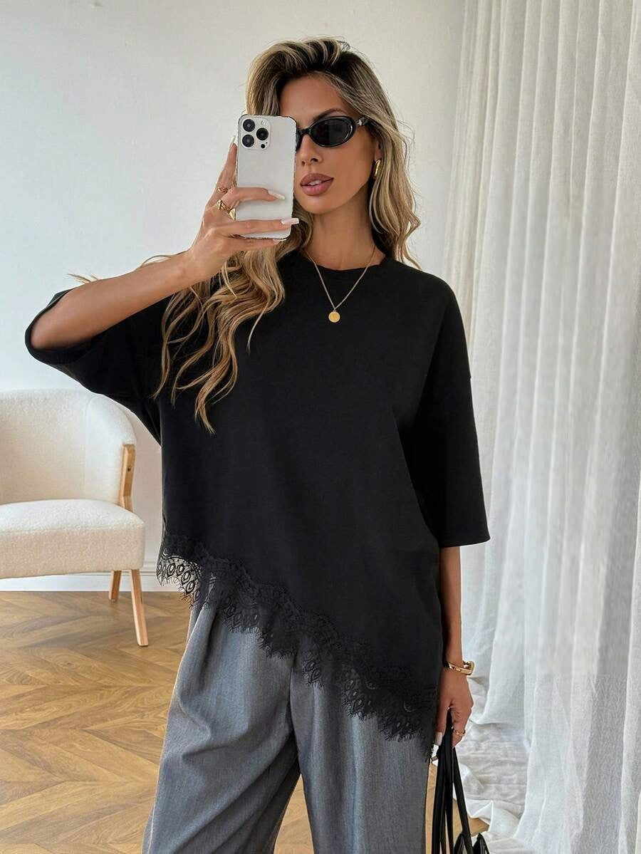 Leopard Print Top Lace Trim Loose Fit Short Sleeve T-Shirt