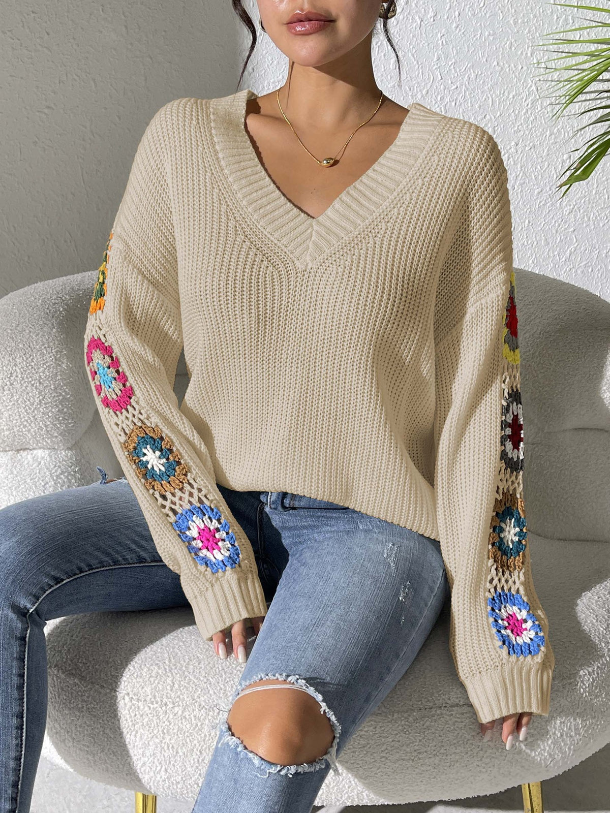 Women's Crochet Patchwork V-Neck Knit Sweater
