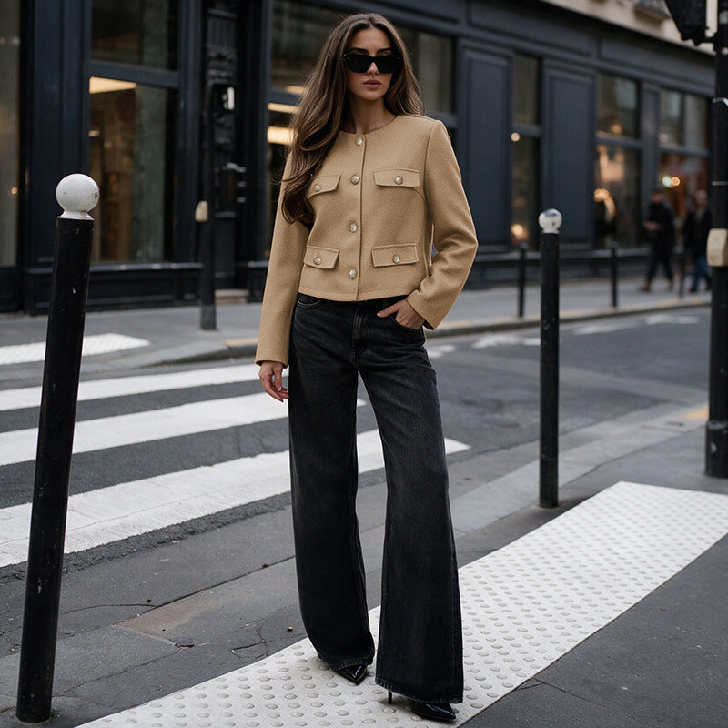 Cropped Tweed Blazer Collarless with Pockets