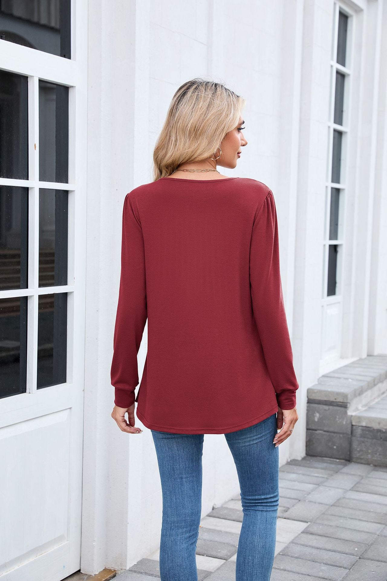 Pleated Front Long Sleeve Tunic Tee | Casual Crew Neck Top
