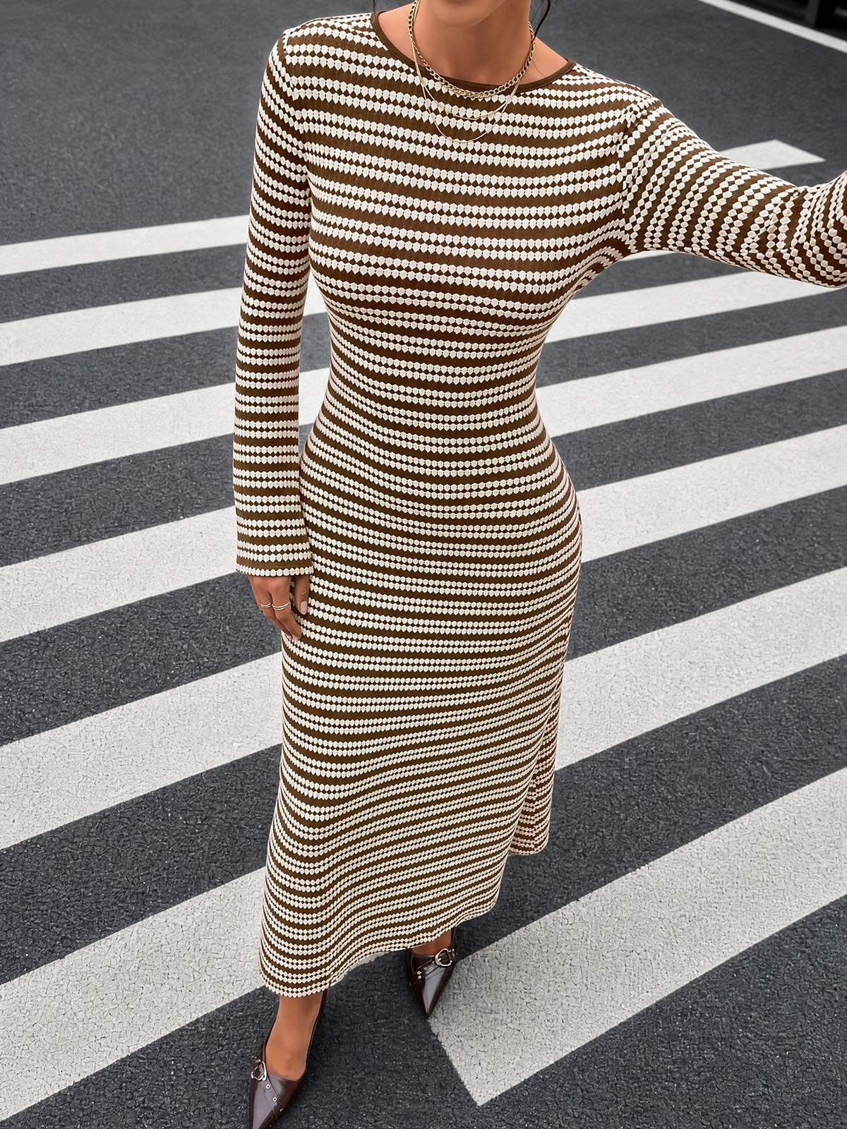 Women's Striped Knit Bodycon Dress Open Back Flare Sleeve