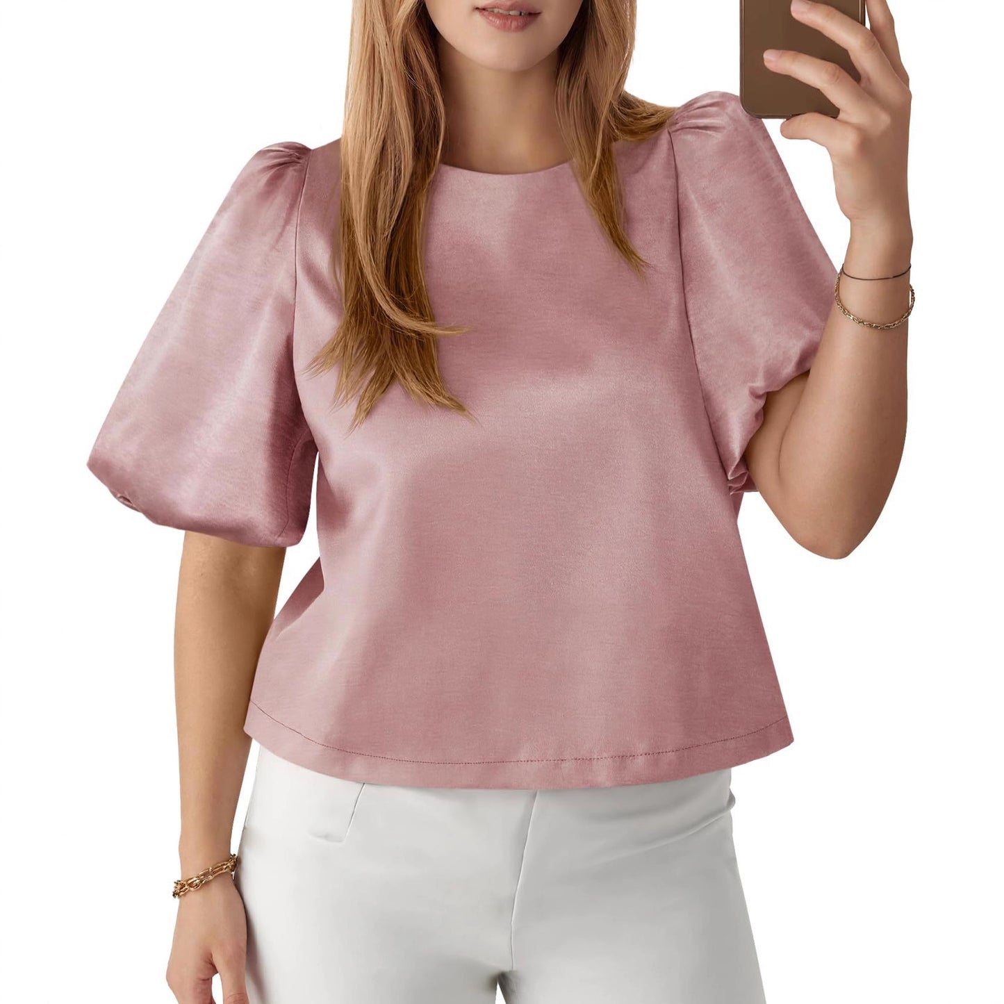 Satin Puff Sleeve Round Neck Elegant Blouse Top