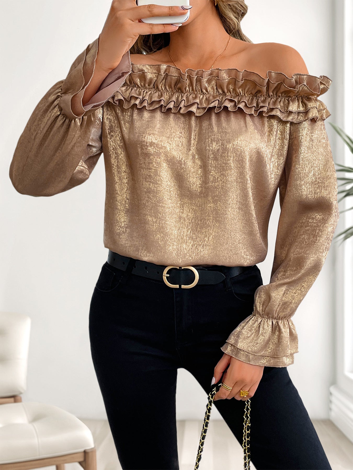 Gold Off Shoulder Ruffle Hem Long Sleeve Party Blouse