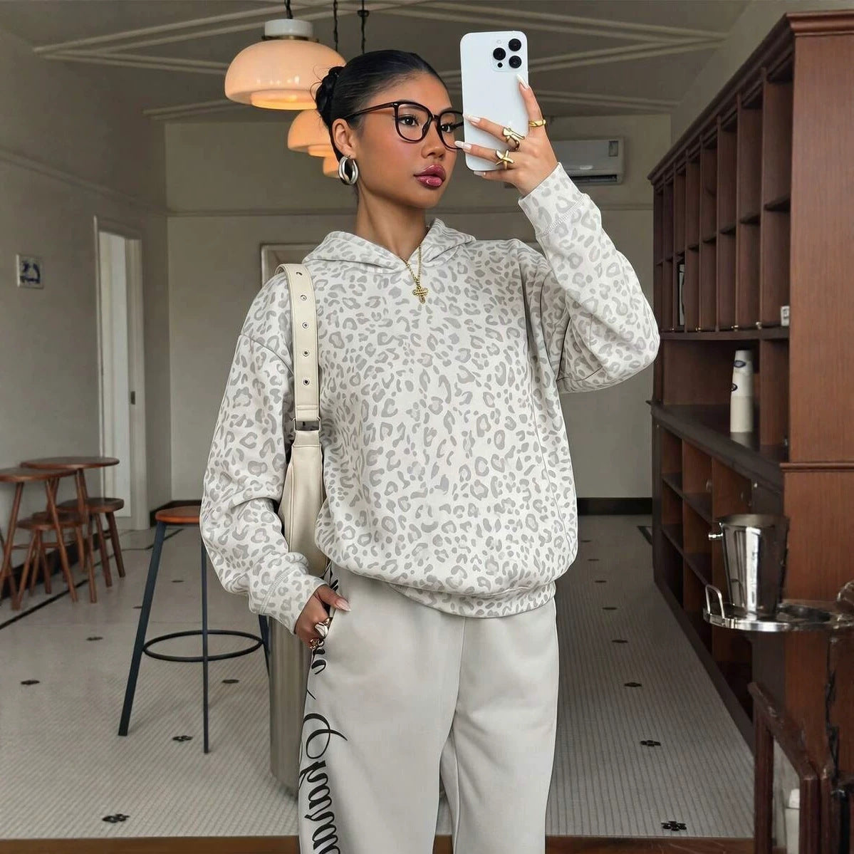 Leopard Hoodie Oversized Casual Pullover Sweatshirt