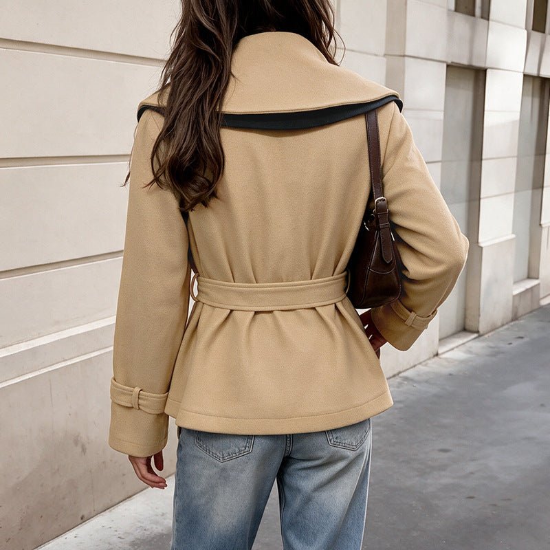 Women's Color Block Belted Cropped Short Coat