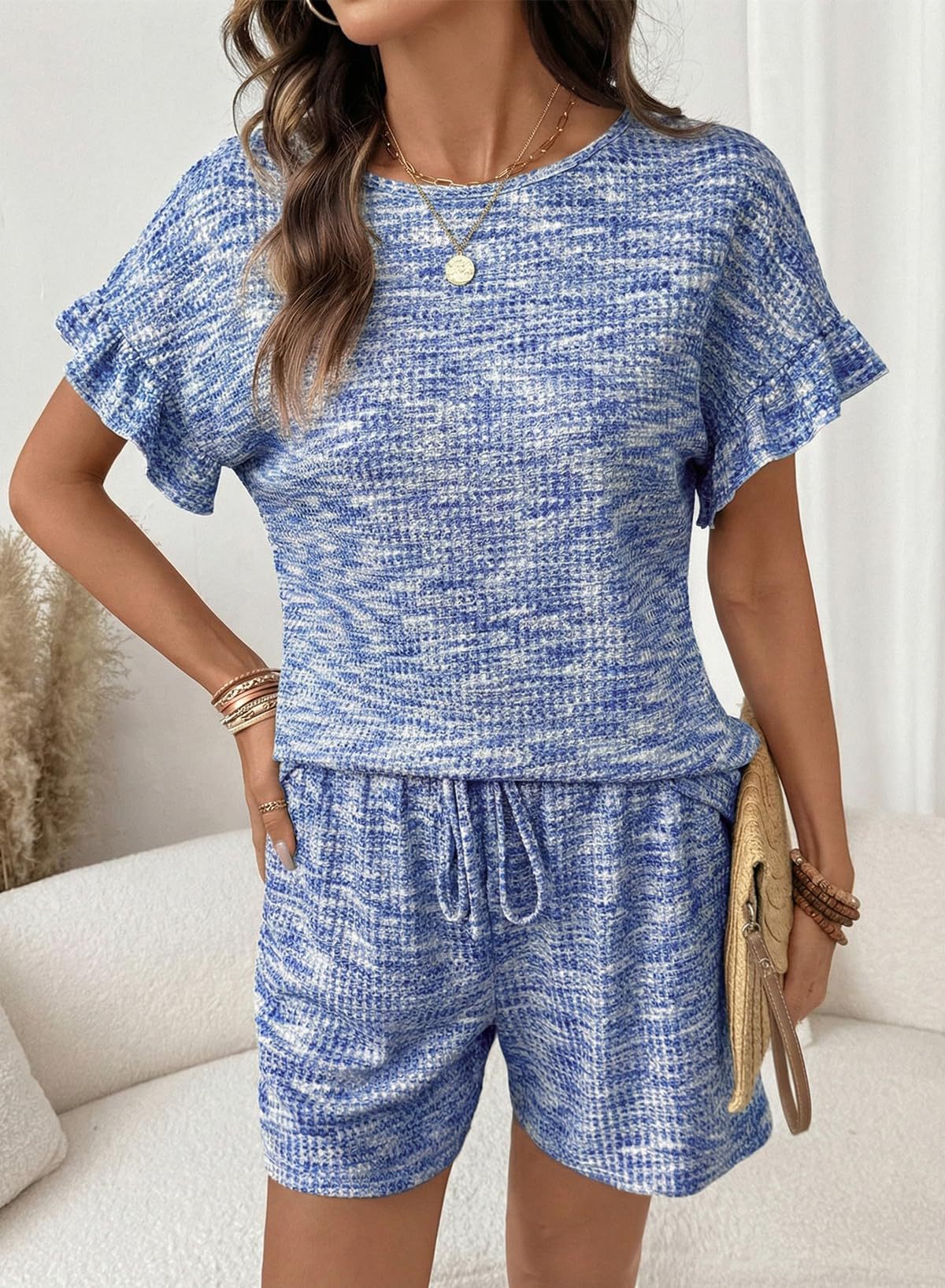 Textured Knit Lounge Set Ruffle Sleeve Drawstring Shorts