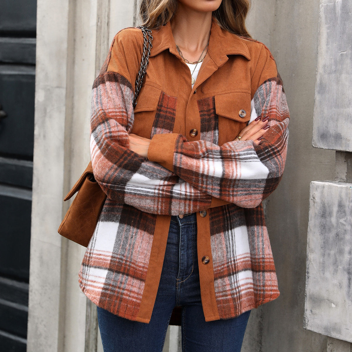 Women's Oversized Plaid Corduroy Shacket Button Down