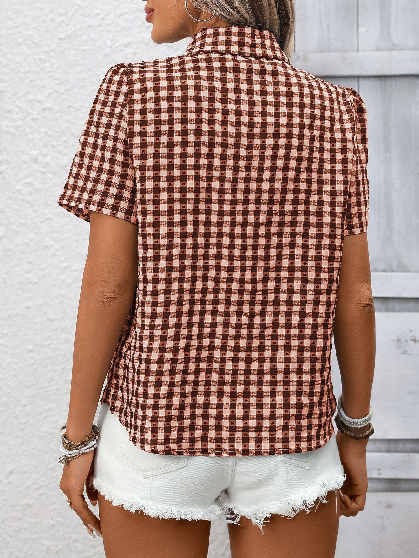 Casual Gingham Short Sleeve Button Down Shirt with Pocket