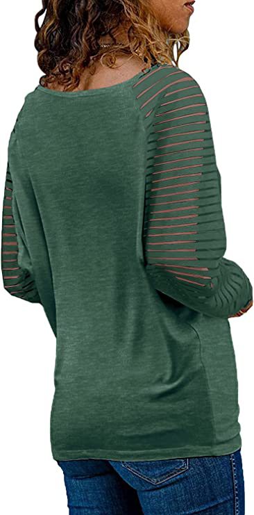 Striped Cotton Top Casual V Neck Sheer Sleeves