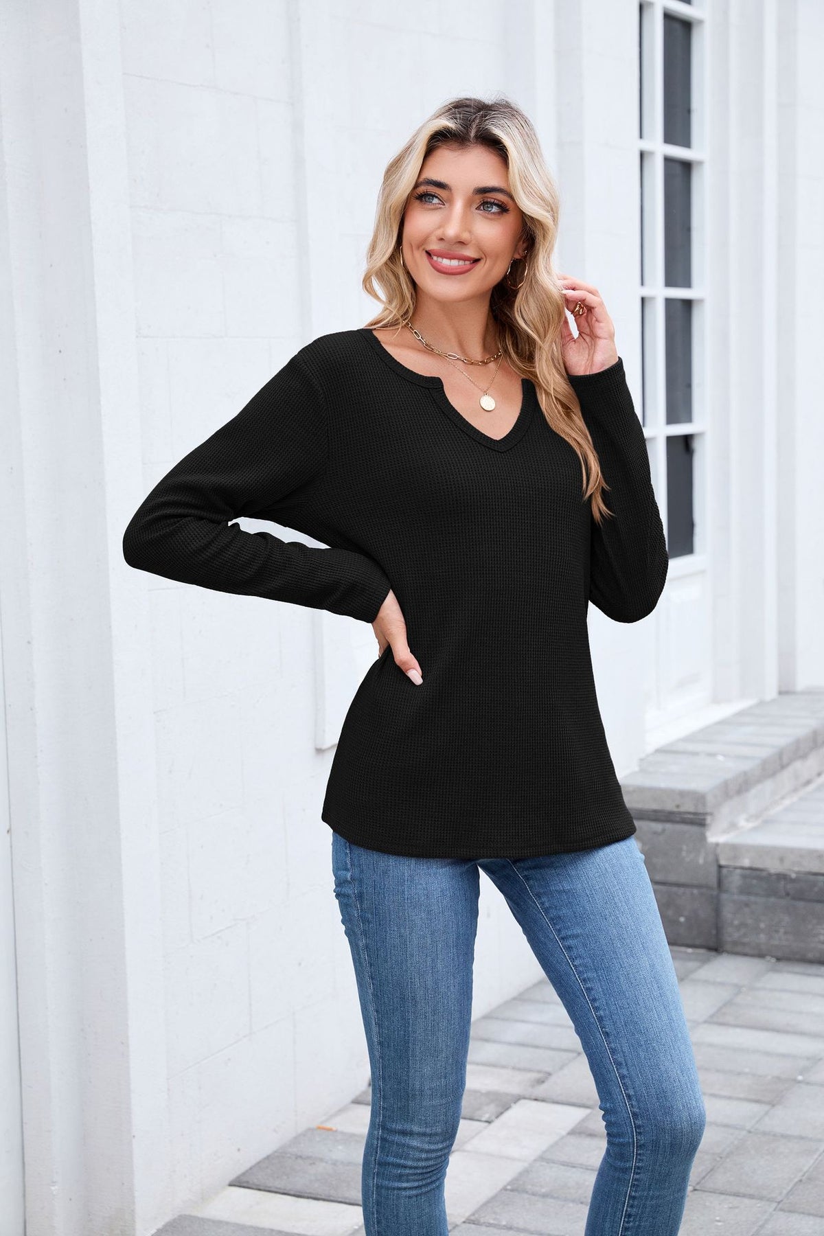 Women's Waffle Knit V Neck Long Sleeve Loose Top