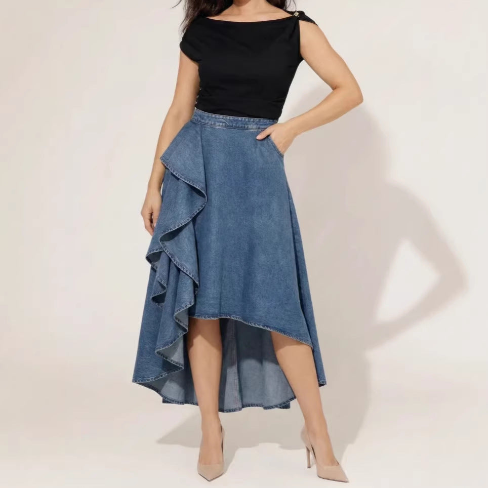 Asymmetrical Ruffle High Waist Denim Midi Skirt