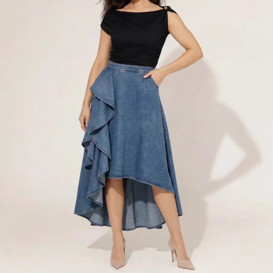 Asymmetrical Ruffle High Waist Denim Midi Skirt
