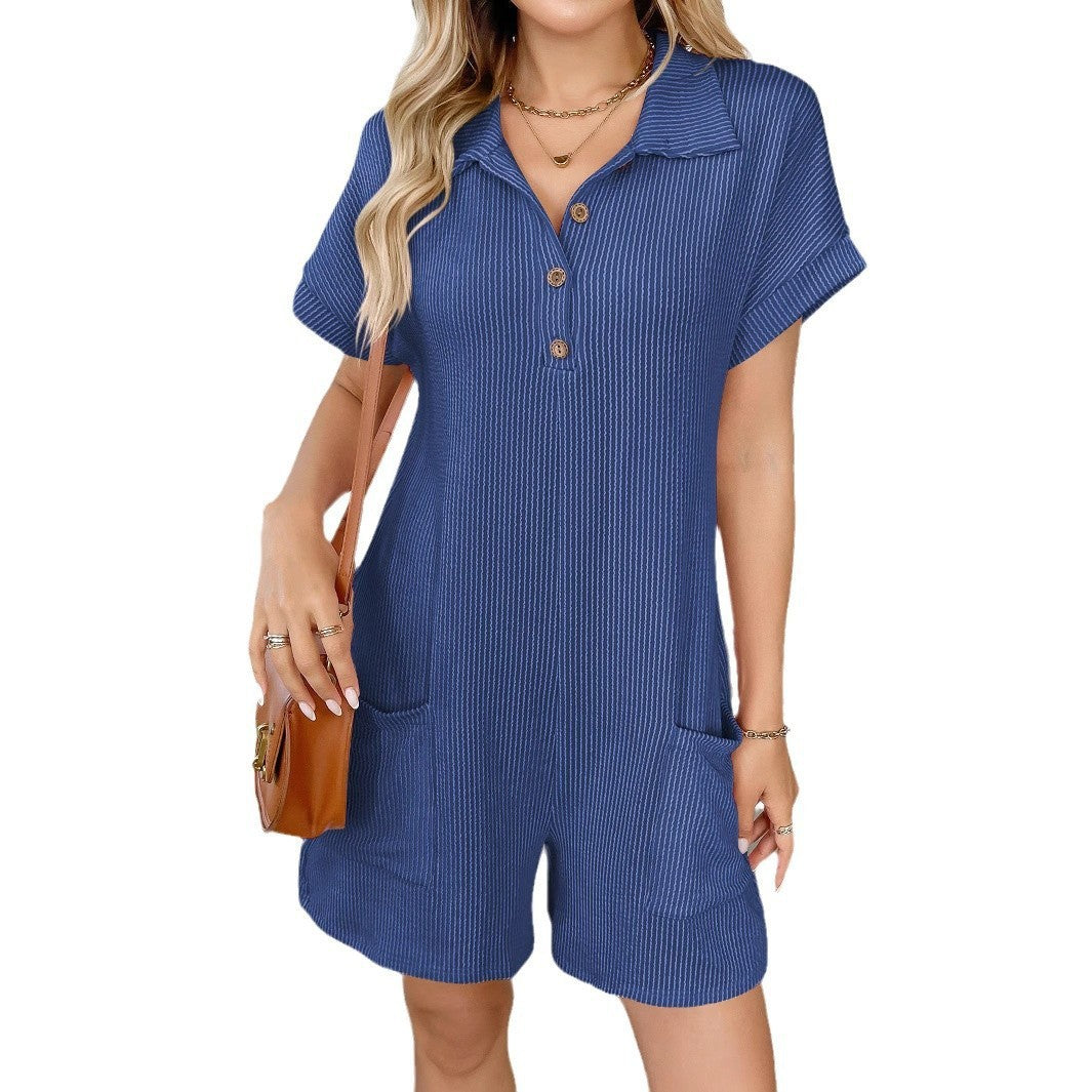 Ribbed Polo Collar Button Up Romper with Pockets