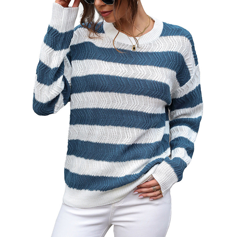 Fall Striped Colorblock Pullover Sweater Women Casual