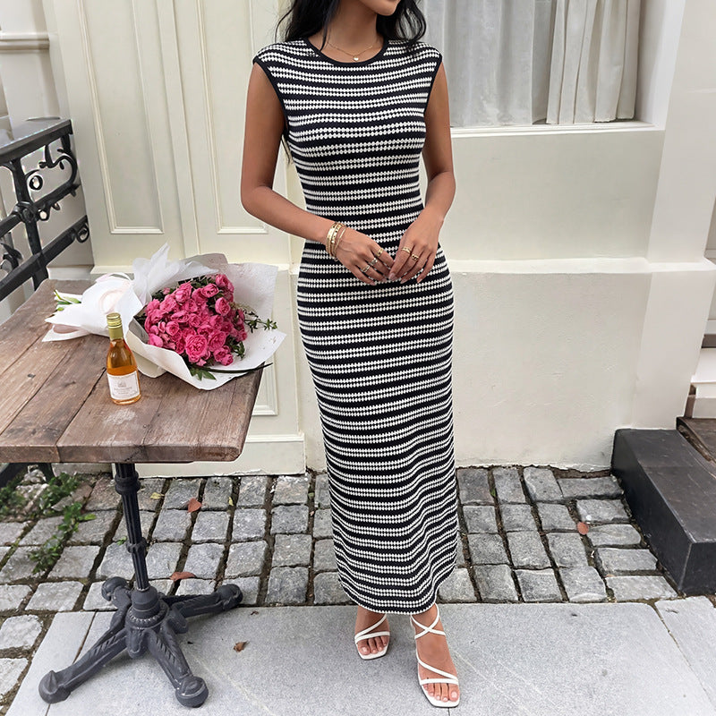 Striped Sleeveless Knit Bodycon Midi Dress Casual