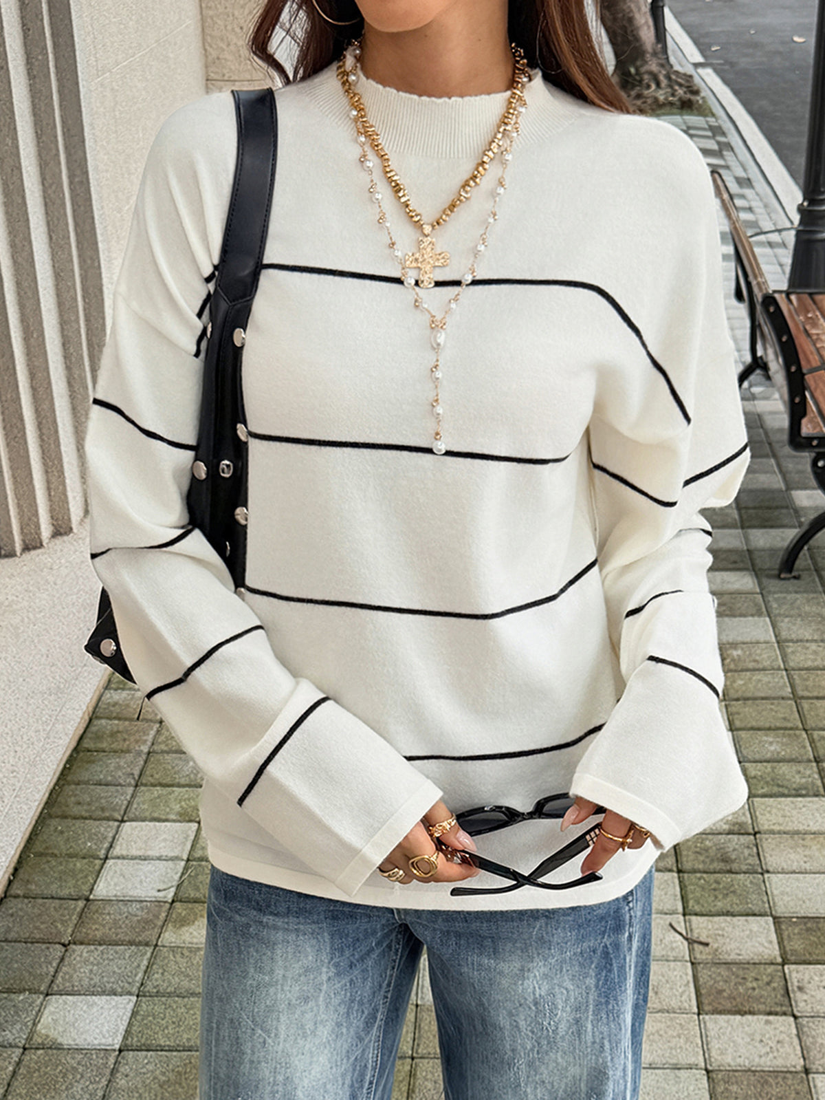 Mock Neck Striped Oversized Cropped Sweater