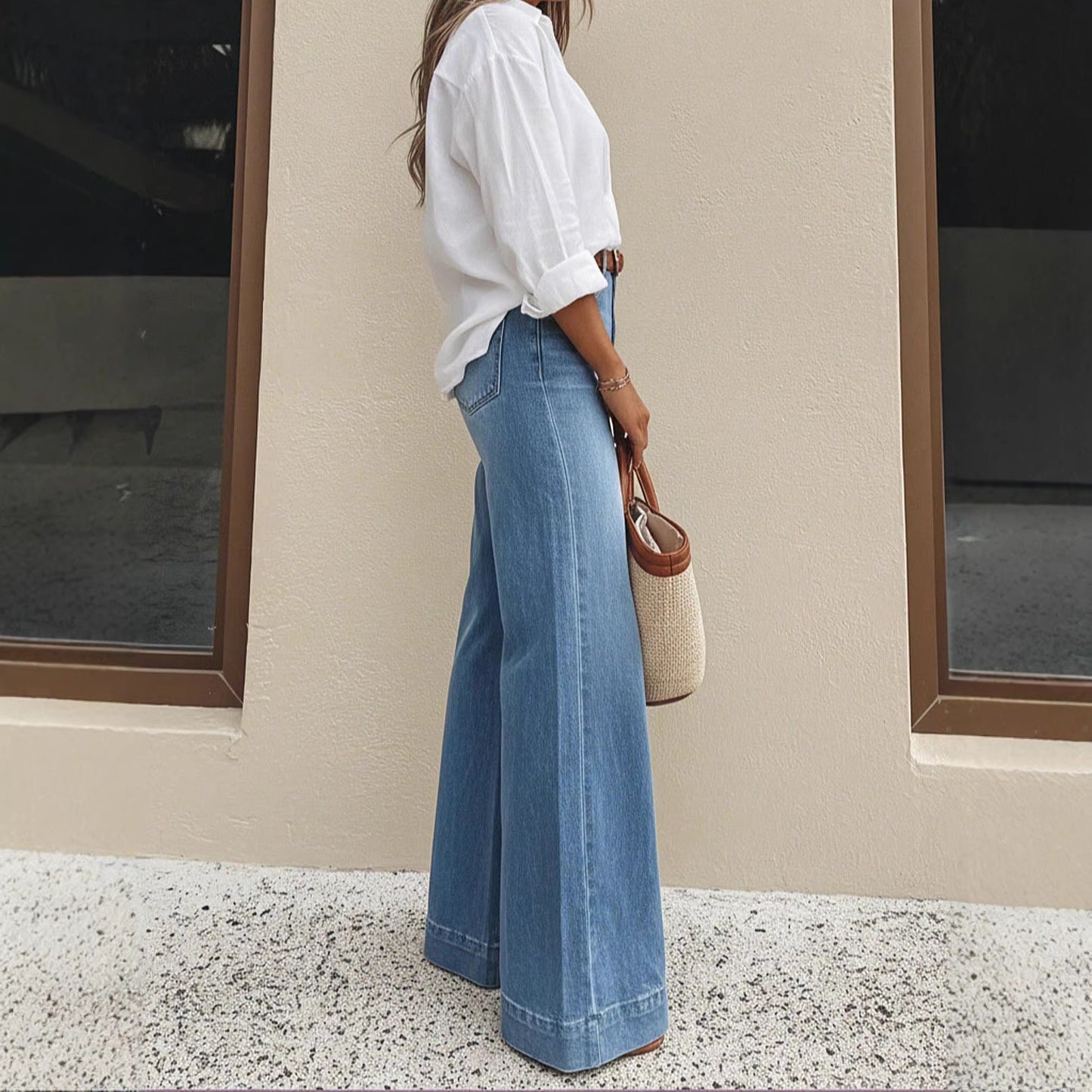 Washed Denim Wide Leg Jeans High Rise Relaxed Fit