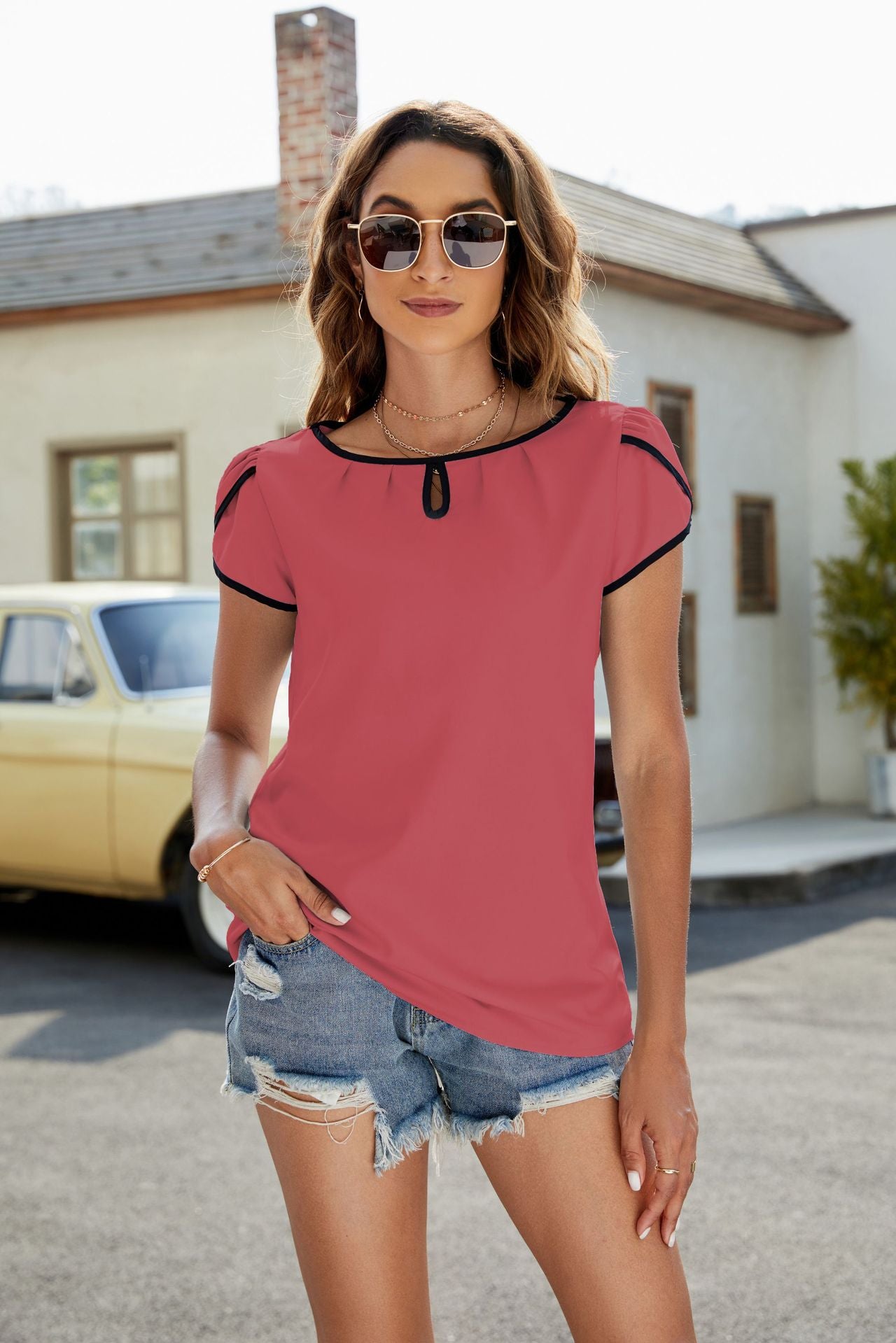 Contrast Piped Chiffon Top Short Sleeve Boutique Blouse