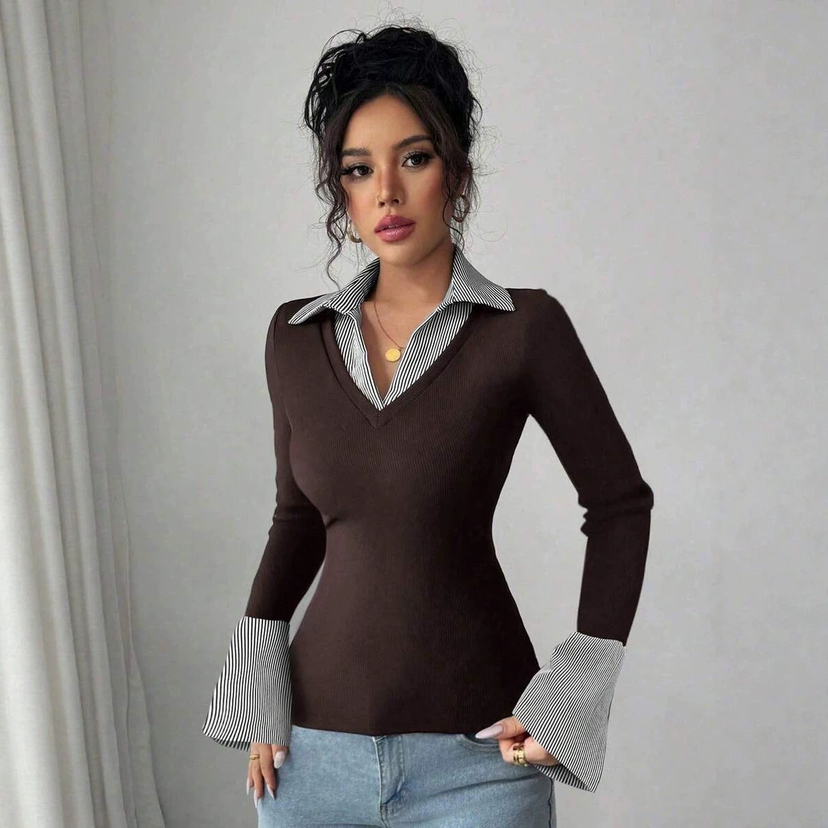 Office V Neck Layered Collared Knit Top Long Sleeve Tee