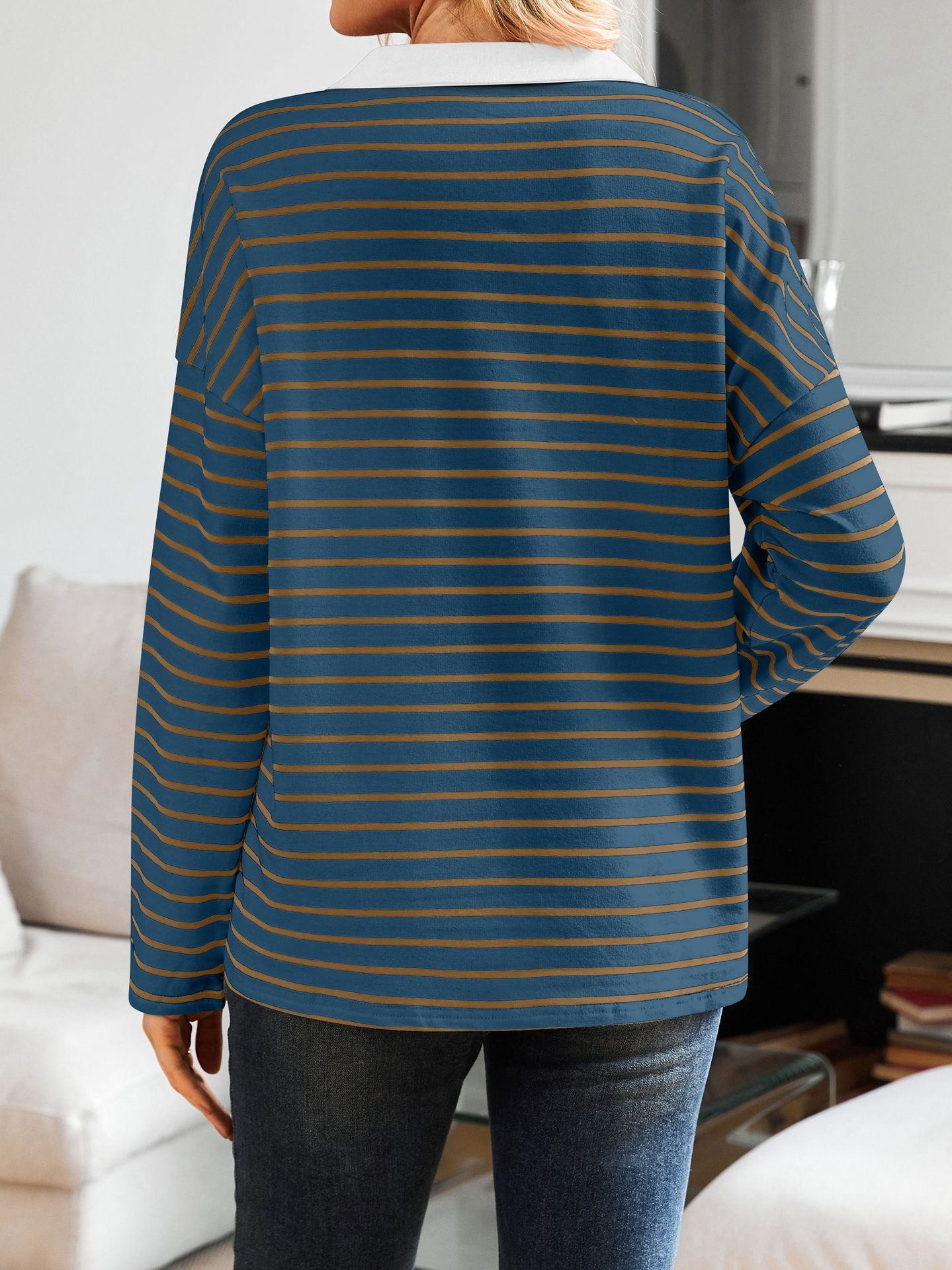 Striped V-neck Loose Sweatshirt Lapel Sweater