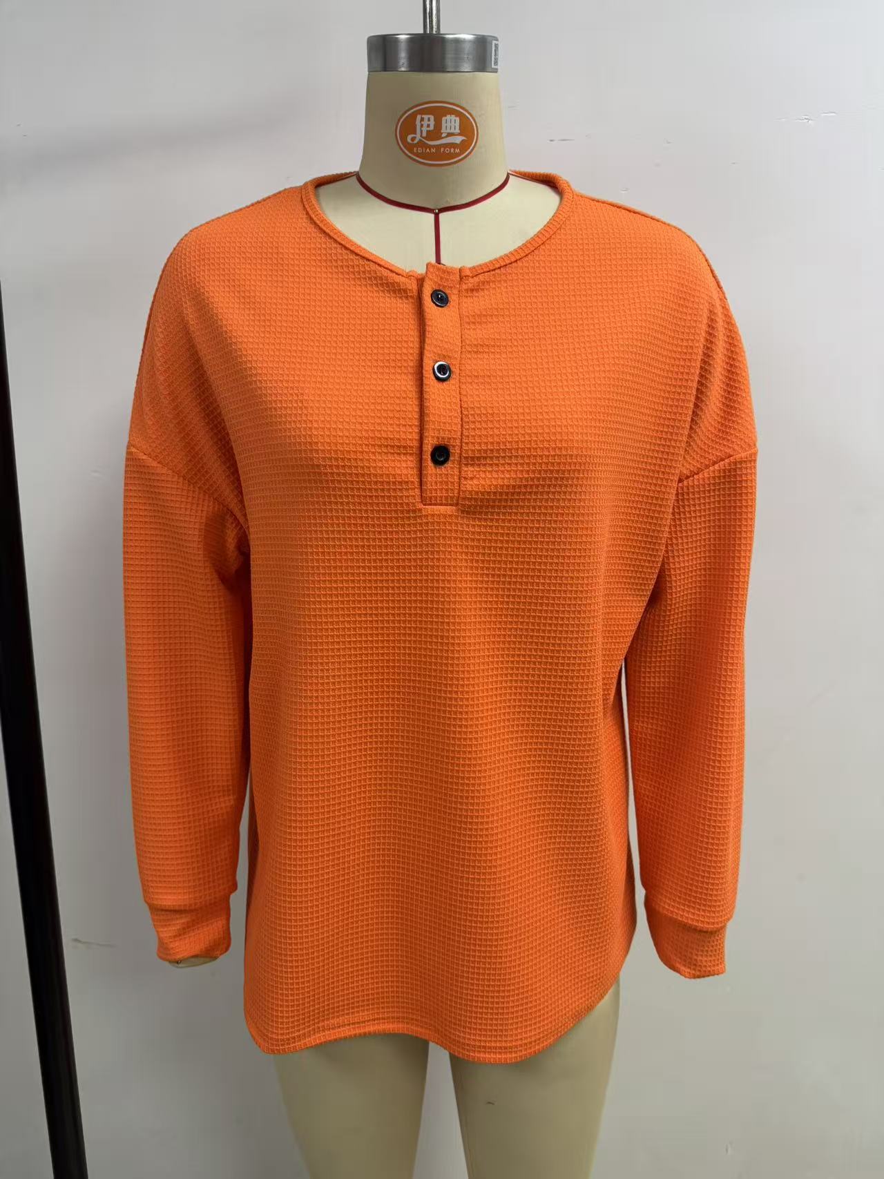 Waffle Knit Henley Top, Oversized Long Sleeve Pullover
