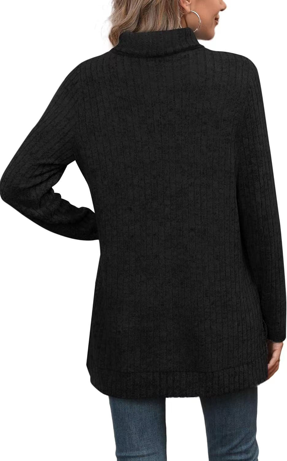 Women's Oversized Ribbed Turtleneck Long Sleeve Slit Tunic