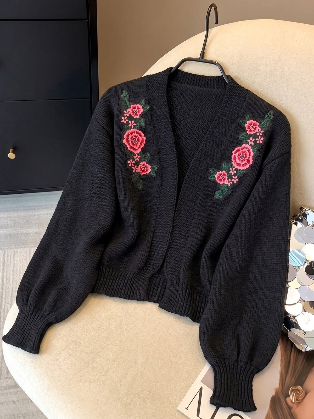 Women's Vintage Rose Embroidered Oversized Cardigan