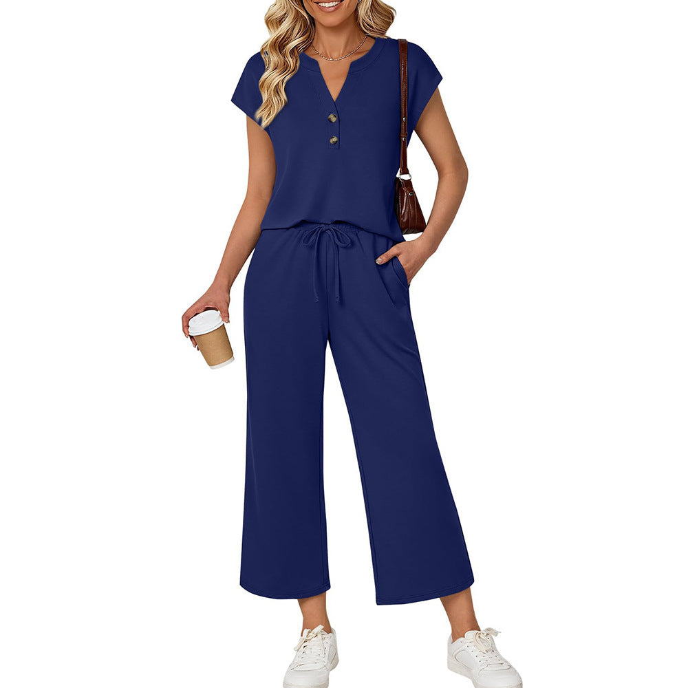 Women's Lounge Set 2 Piece Capri Pants Button Front Top