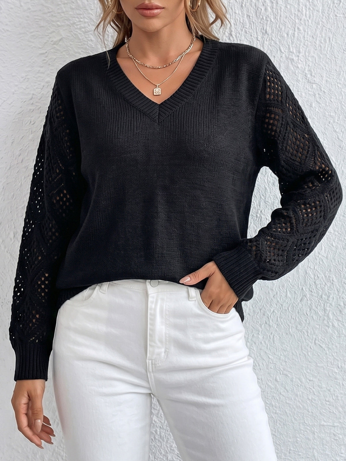 Women's V-Neck Crochet Sleeve Hollow Out Loose Sweater