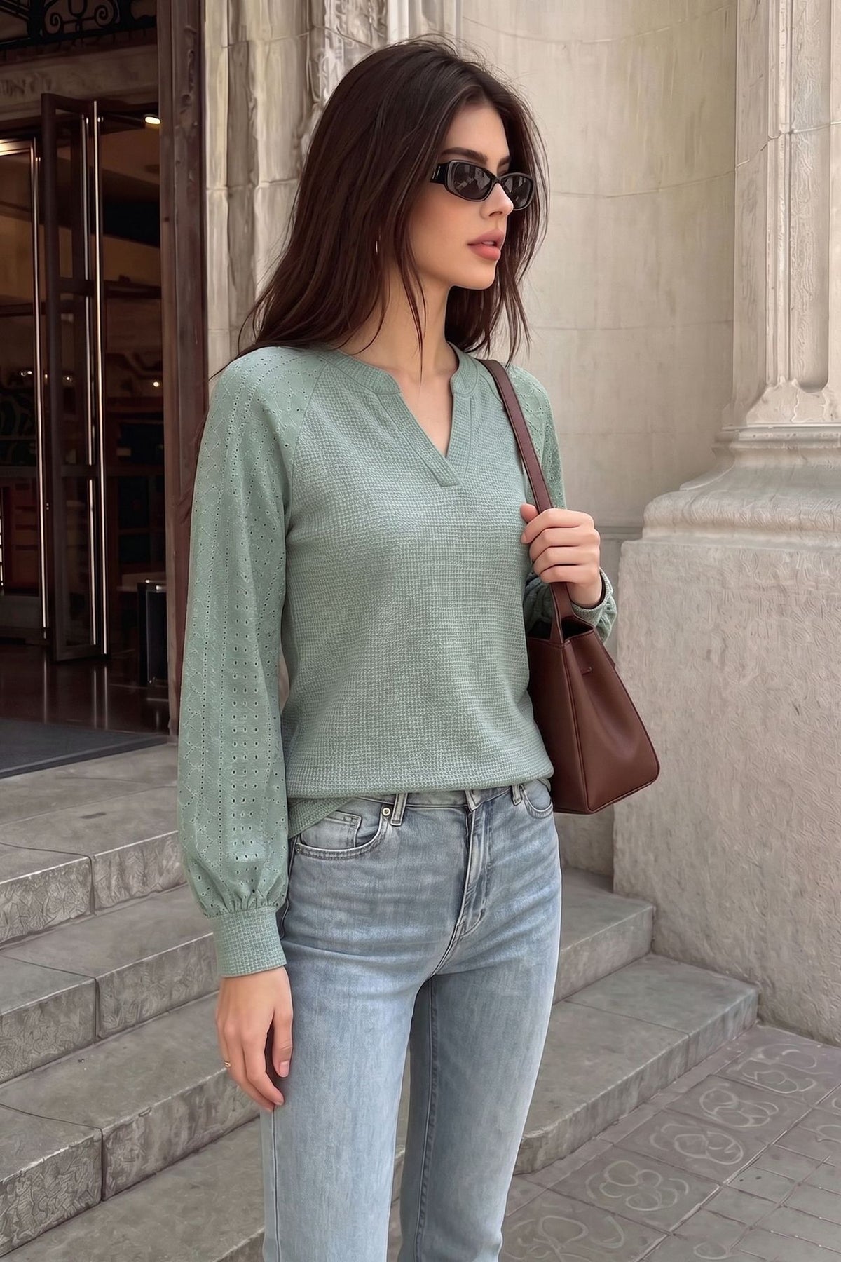 Waffle Knit V-Neck Eyelet Balloon Sleeve Casual Top