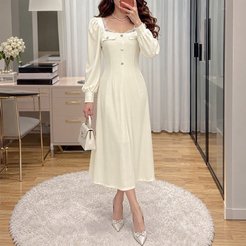 Velvet Square Neck Long Sleeve Lace Trim Midi Dress