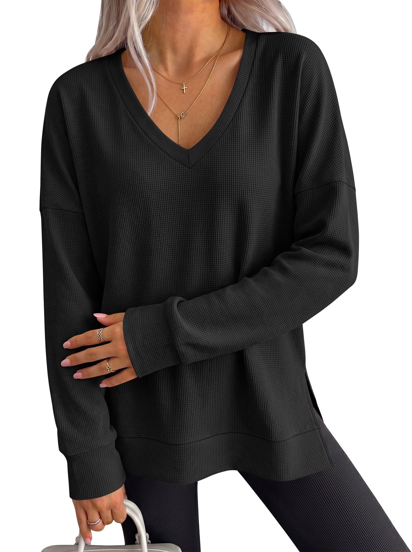 Waffle Knit V Neck Top Relaxed Long Sleeve