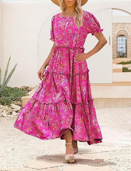 Floral Print Puff Sleeve Tiered Maxi Dress for Summer