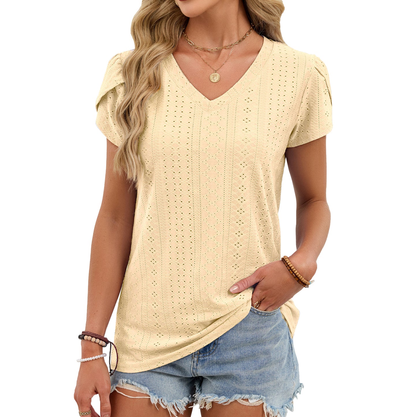 V Neck Eyelet Knit Top Flutter Sleeve Loose Tee