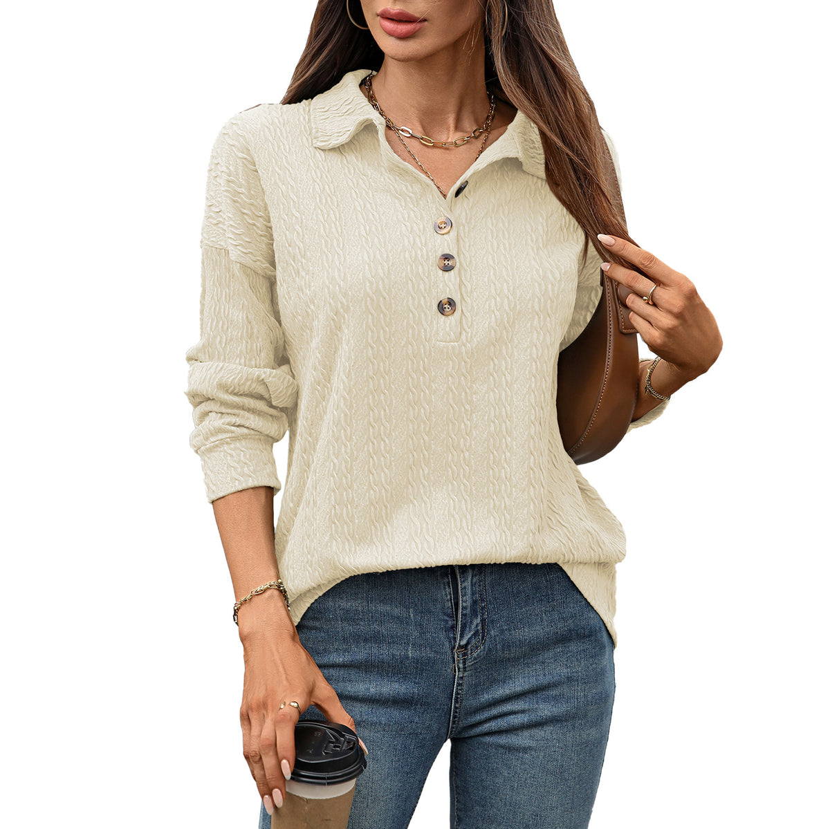 Women's Collared Button Long Sleeve Oversized Sweatshirt