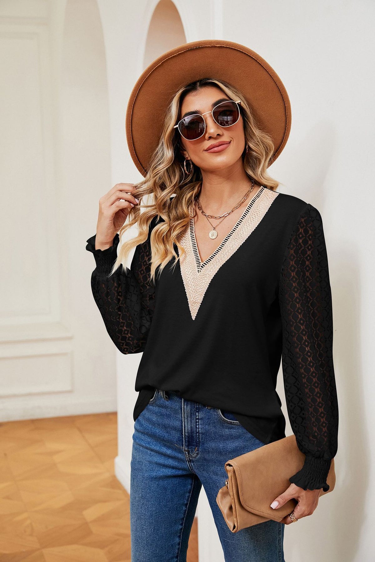 Women's V-Neck Lace Crochet Long Sleeve Tunic Top