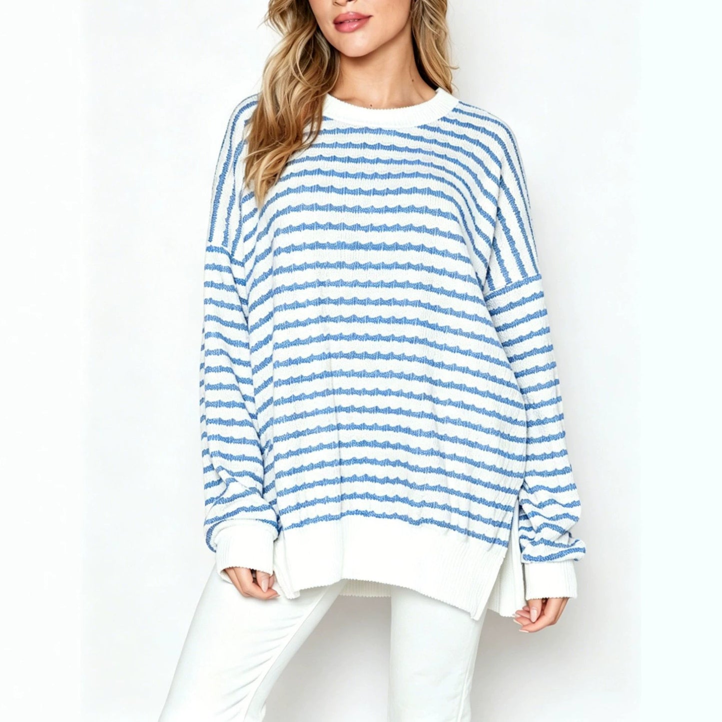 Striped Oversized Crew Neck Sweater Boutique Knit Top