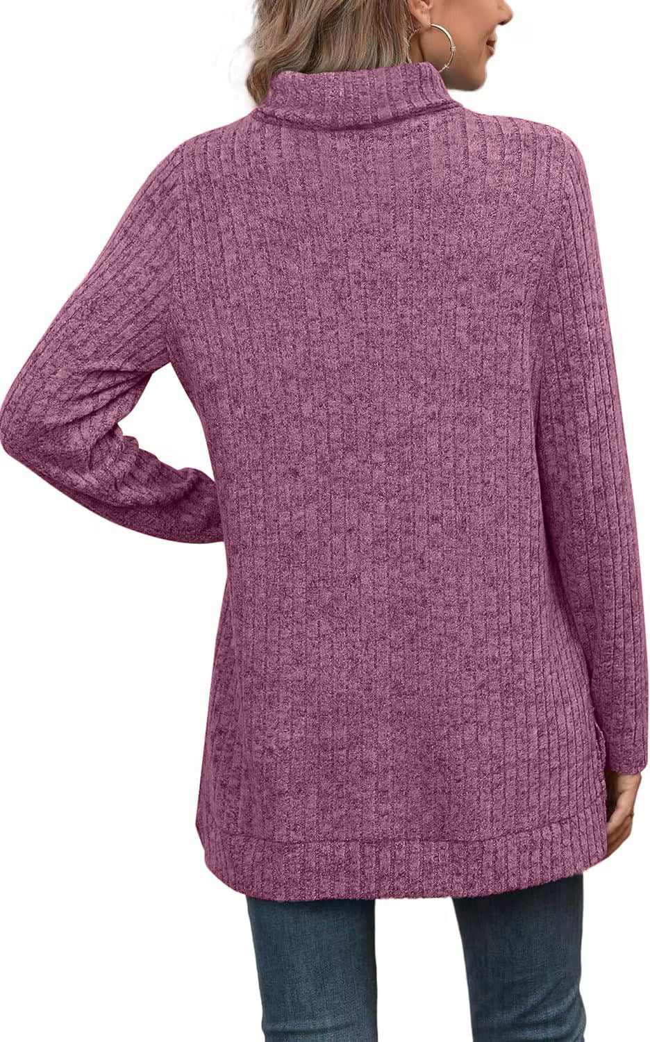 Women's Oversized Ribbed Turtleneck Long Sleeve Slit Tunic