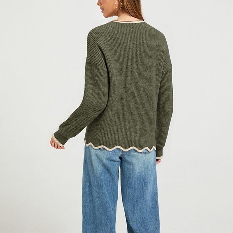 Women's Scalloped Hem Contrast Trim Pullover Sweater