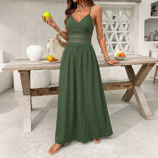 Boho Lace Maxi Dress V Neck Backless Spaghetti Strap