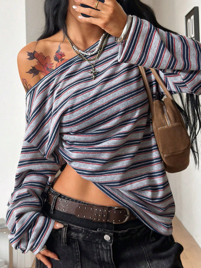Striped Off Shoulder Oversized Long Sleeve Top