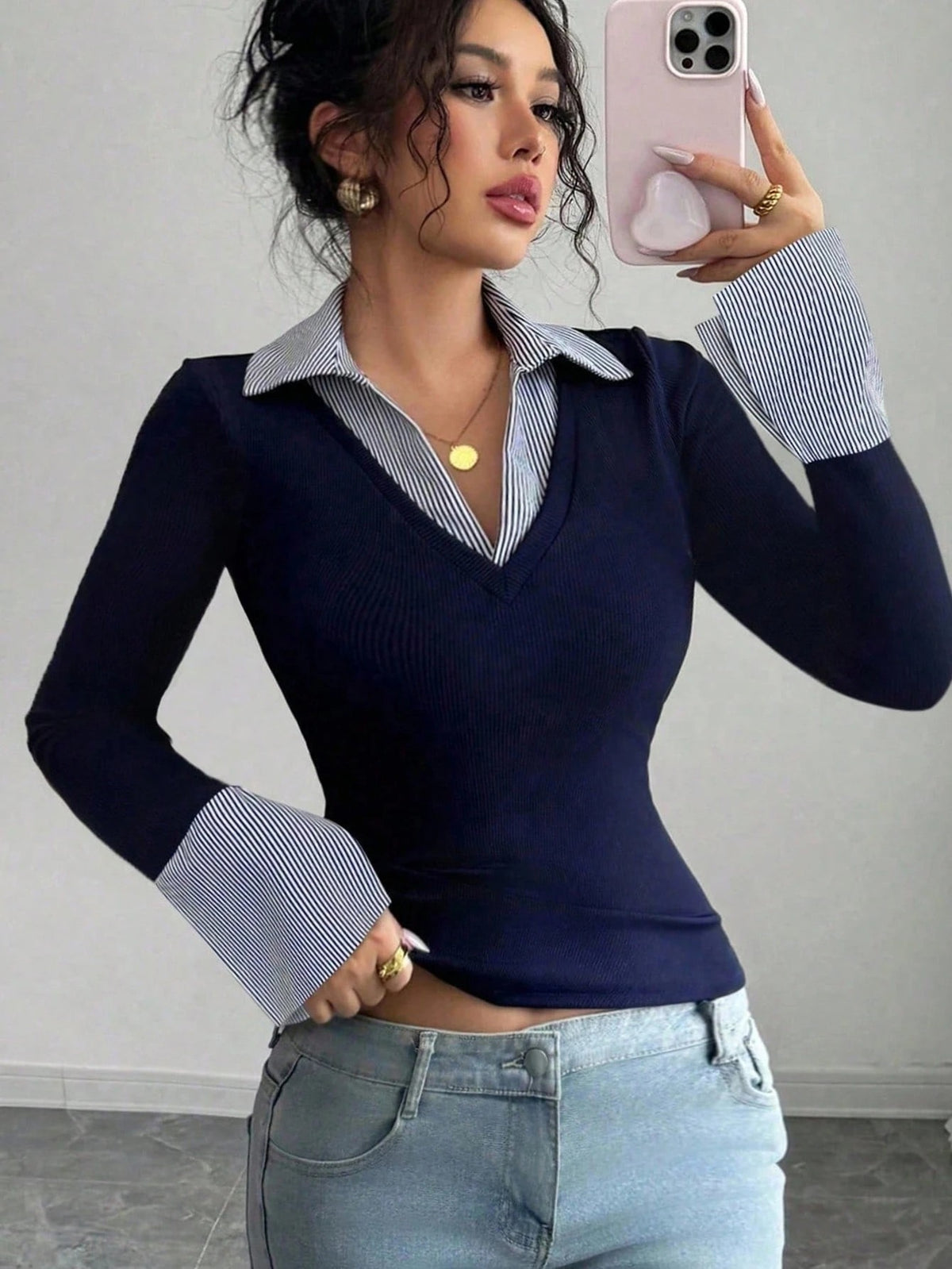 Women's Layered Striped Collar V Neck Flare Cuff Top
