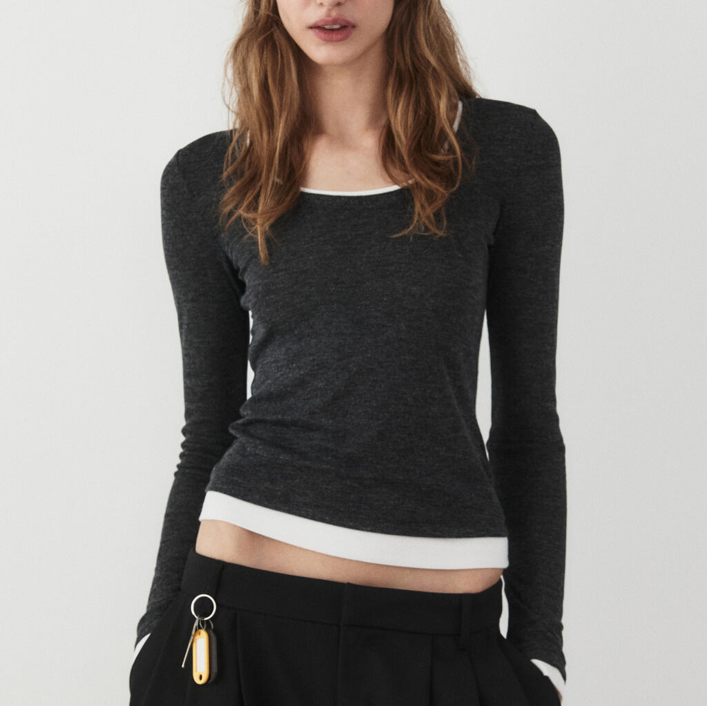 Women's Layered Ribbed Long Sleeve U Neck Fitted Top