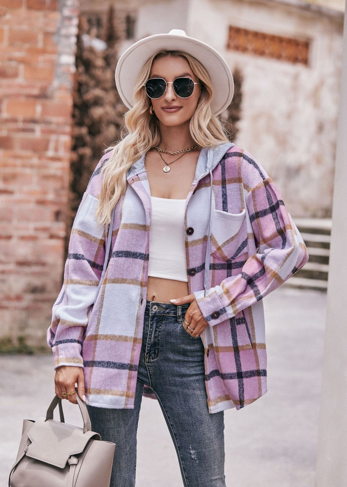Women's Hooded Plaid Shacket Oversized Shirt Jacket