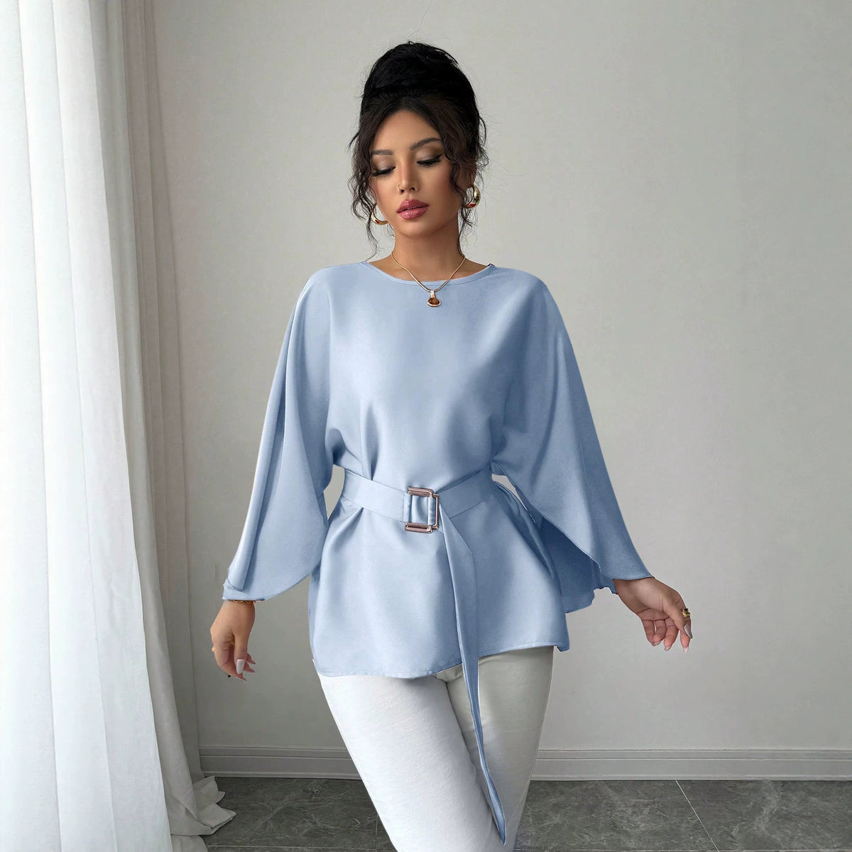 Women's French Vintage Bell Sleeve Belted Round Neck Blouse