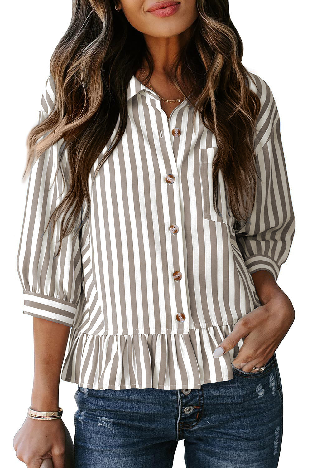Womens Striped Button Down Ruffle Hem Blouse 3/4 Sleeve