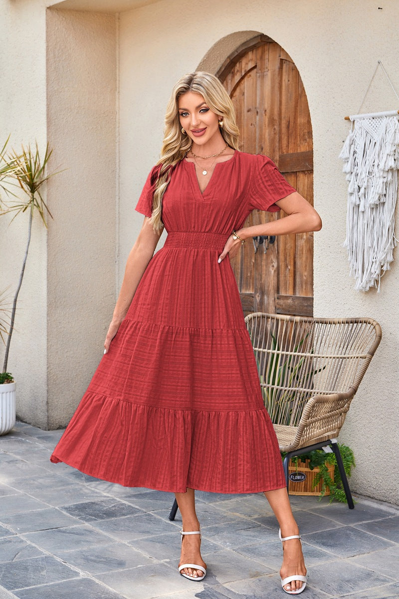 V Neck Smocked Puff Sleeve Flowy Midi Dress for Women